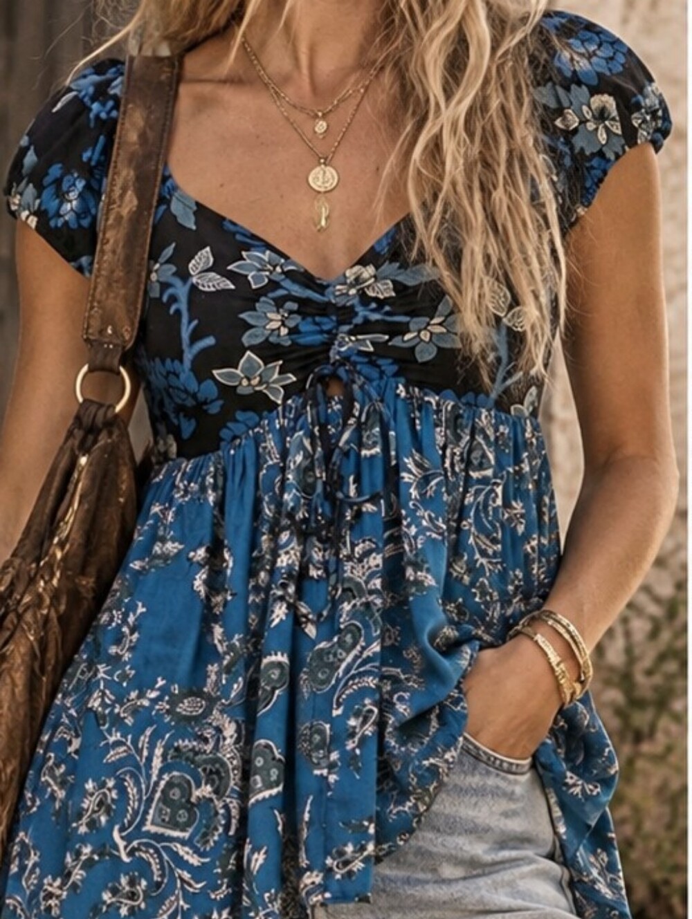 Free People La Bamba Floral & Paisley Baby Doll Top Size Medium